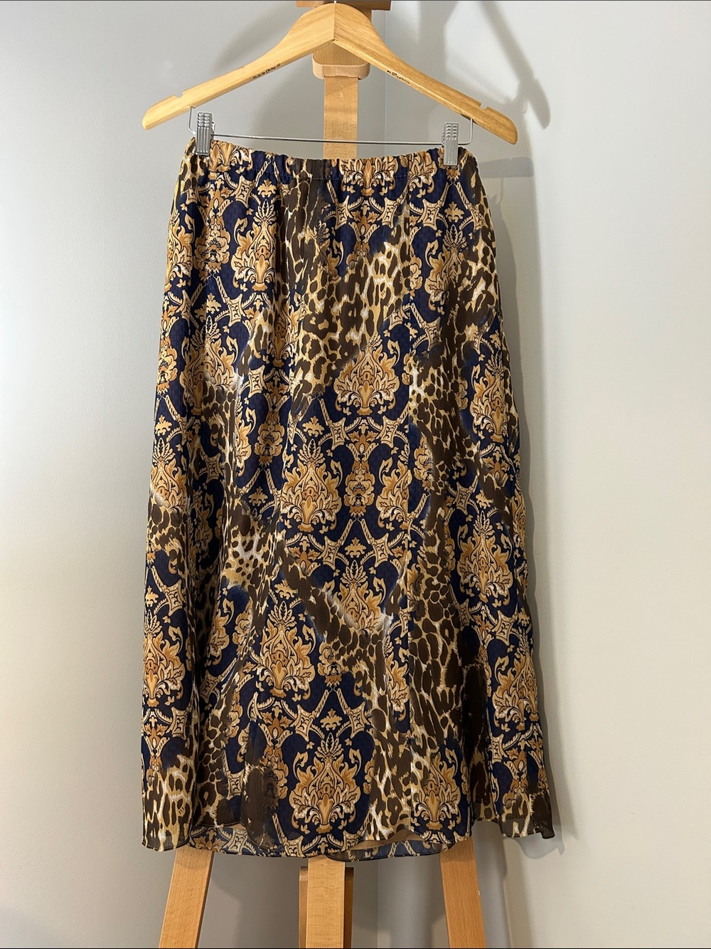 VINTAGE TanJay Navy and Gold Printed Maxi Skirt (Leopard and Damask)